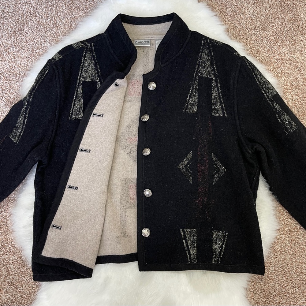 🚫SOLD🚫 Chico’s Southwestern Black Red Aztec Print Buffalo Nickel Buttons Wool - Picture 14 of 16
